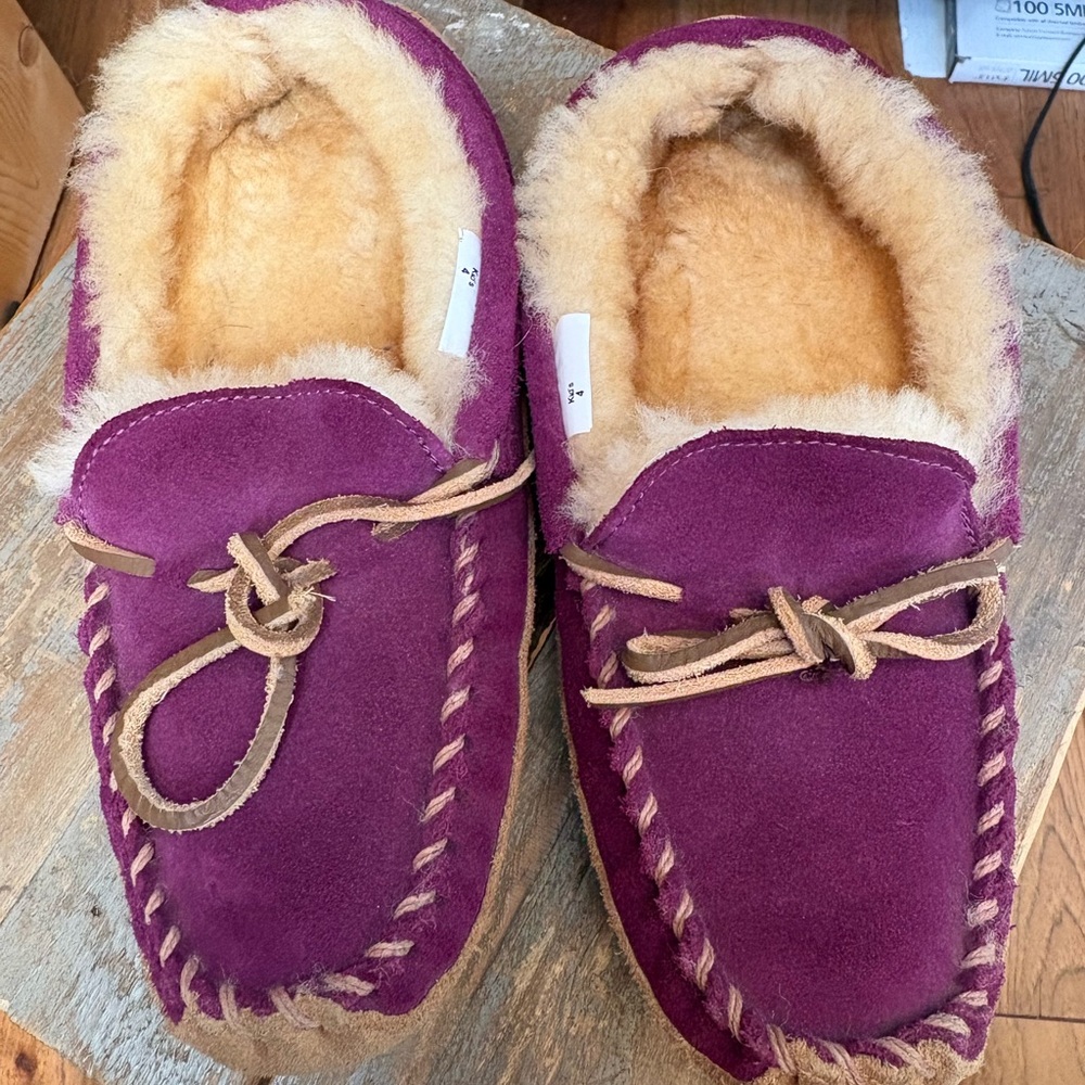 L.L. Bean Kids' Purple Suede Moccasin Slippers with Shearling Lining